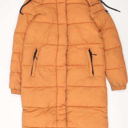 Superdry Womens Orange Long Hooded Puffer Coat Size 10