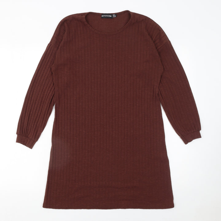 PrettyLittleThing Women Brown Ribbed Long Sleeve Mini Dress Size 10