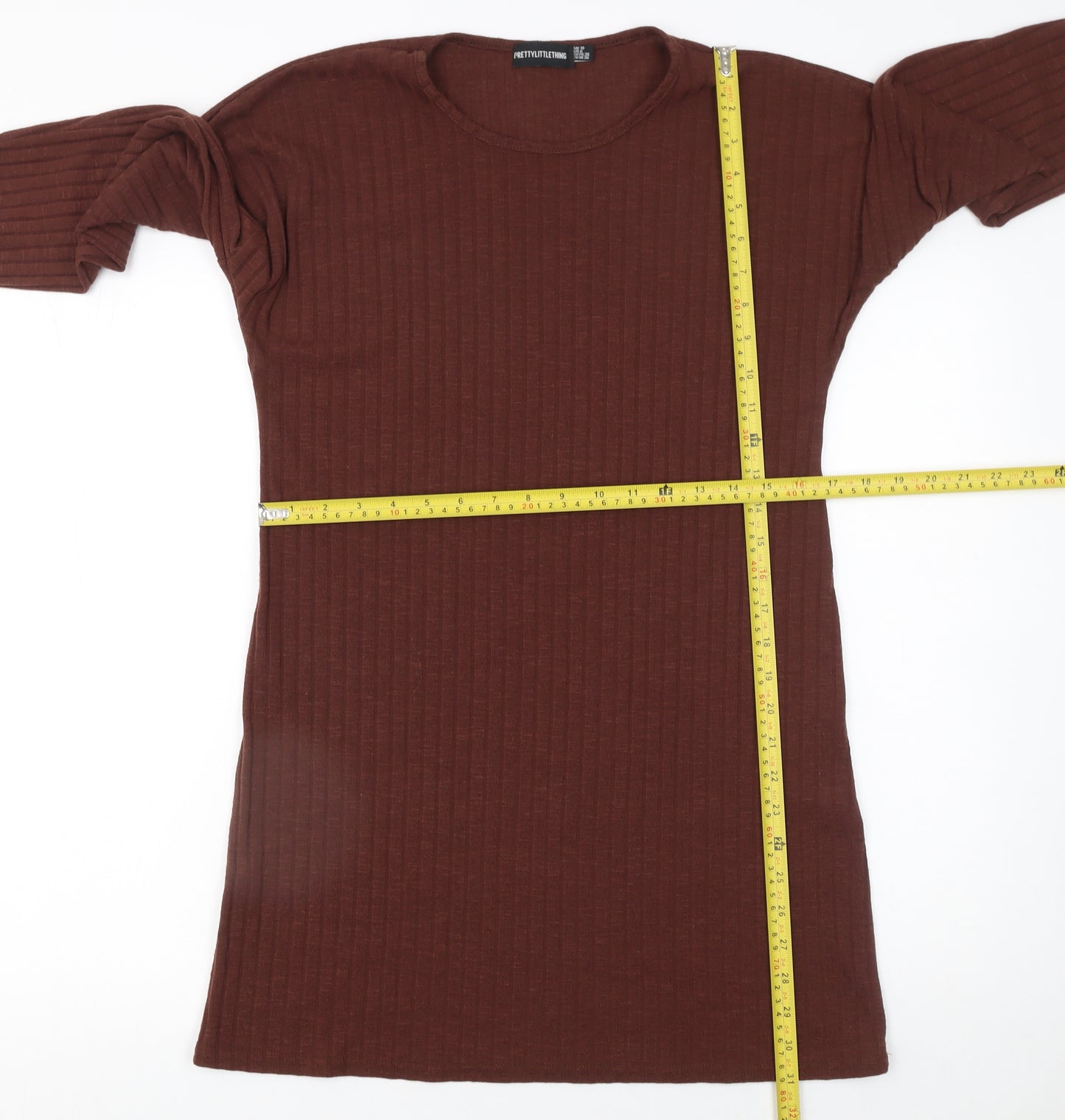 PrettyLittleThing Women Brown Ribbed Long Sleeve Mini Dress Size 10