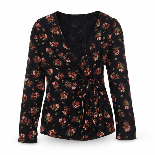Boohoo Womens Black Floral Wrap Blouse Size 12 Long Sleeve