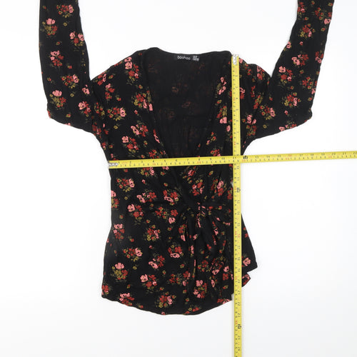 Boohoo Womens Black Floral Wrap Blouse Size 12 Long Sleeve