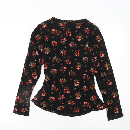 Boohoo Womens Black Floral Wrap Blouse Size 12 Long Sleeve