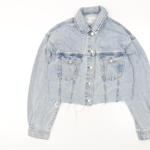 Denim Co. Womens Blue XS Cropped Denim Jacket Frayed Hem Casual