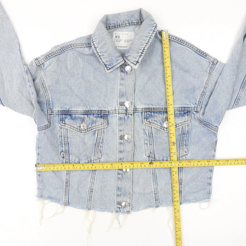 Denim Co. Womens Blue XS Cropped Denim Jacket Frayed Hem Casual
