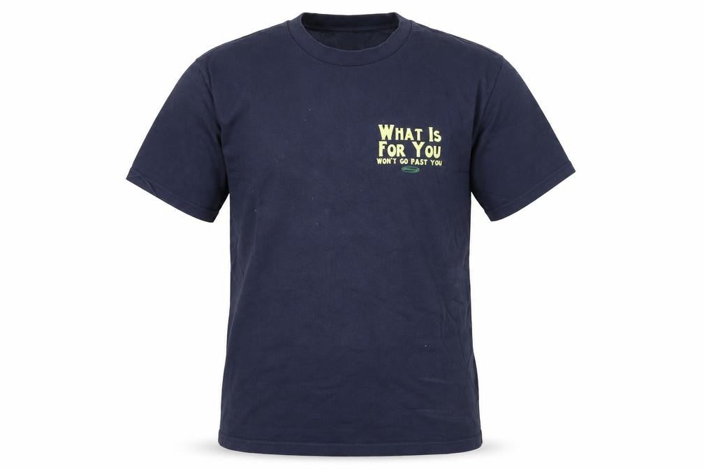 Front view of Storefront Men's Blue Graphic Quote T-Shirt, size M, Regular Fit