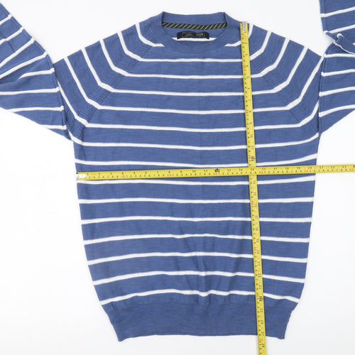 Paul Costelloe Living Men's Blue Striped Cotton Crew Neck Pullover Jumper Medium