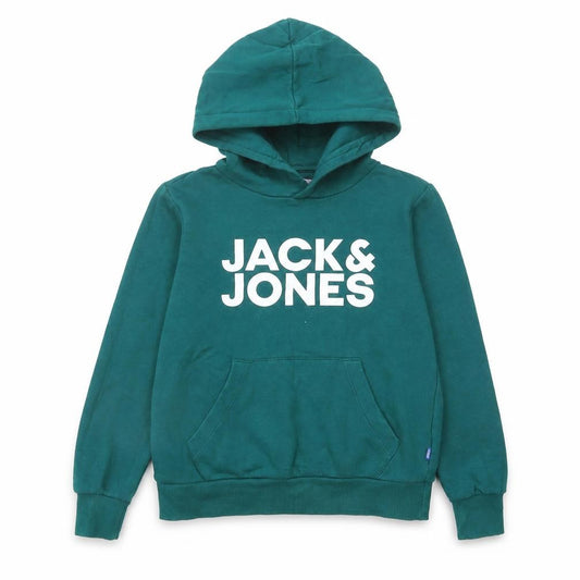 Front view of Jack & Jones boys’ green pullover hoodie sweatshirt 12 years regular fit