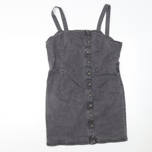Miss Selfridge Women Grey Size 16 Denim Button Pinafore Dress