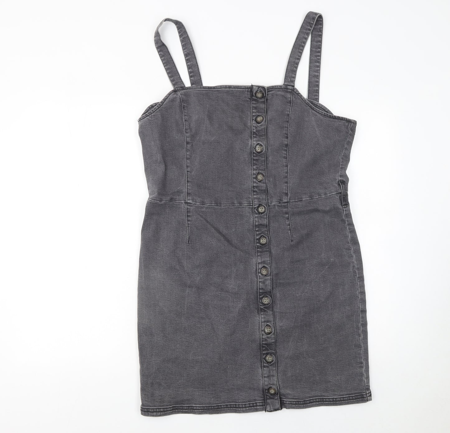 Miss Selfridge Women Grey Size 16 Denim Button Pinafore Dress