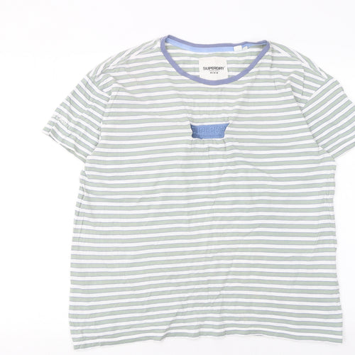 Superdry Women's Green Striped Cotton T-Shirt UK 14 Short Sleeve