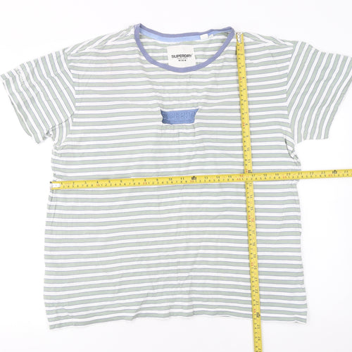 Superdry Women's Green Striped Cotton T-Shirt UK 14 Short Sleeve