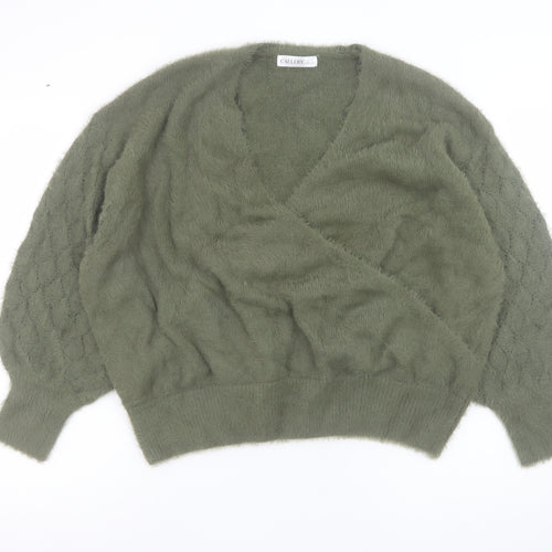 Gallery Women’s Green Wrap Knit Jumper XL V-Neck Balloon Sleeve
