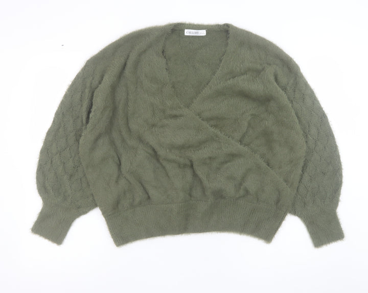 Gallery Women’s Green Wrap Knit Jumper XL V-Neck Balloon Sleeve