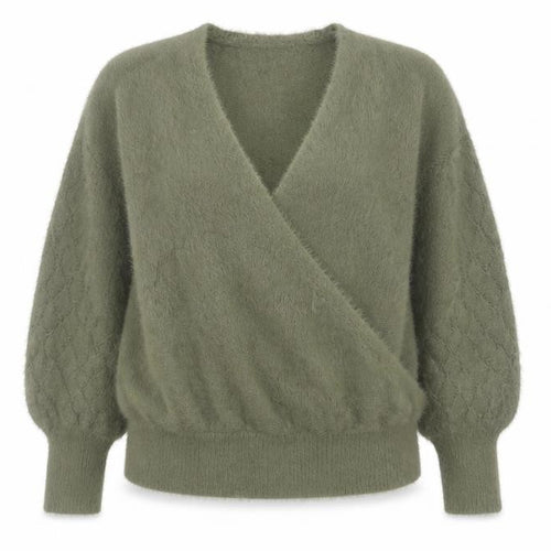 Gallery Women’s Green Wrap Knit Jumper XL V-Neck Balloon Sleeve