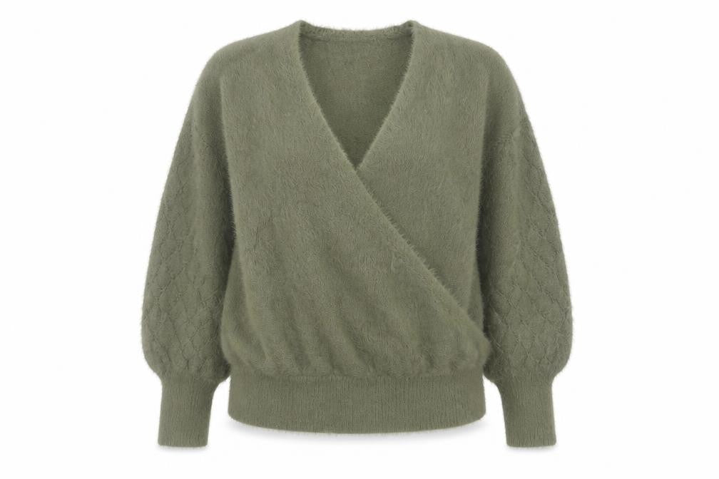 Gallery Women’s Green Wrap Knit Jumper XL V-Neck Balloon Sleeve