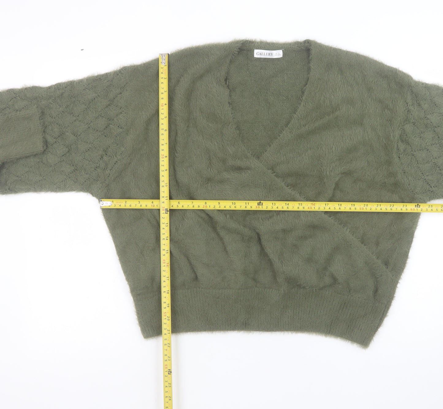 Gallery Women’s Green Wrap Knit Jumper XL V-Neck Balloon Sleeve