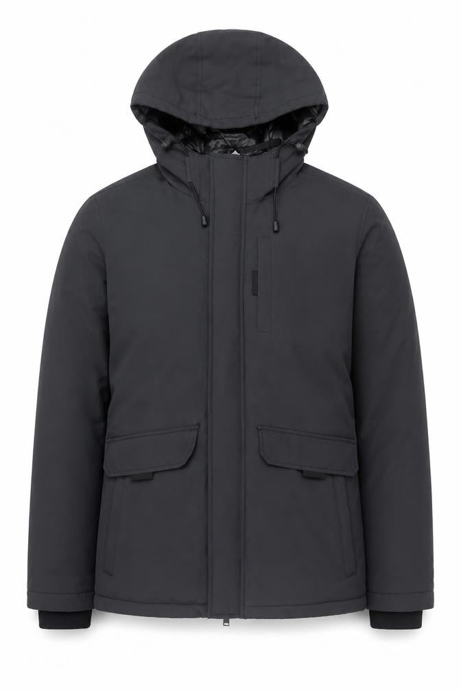 Front view of Racing Green Men’s Black Parka Jacket M Hooded Water Resistant