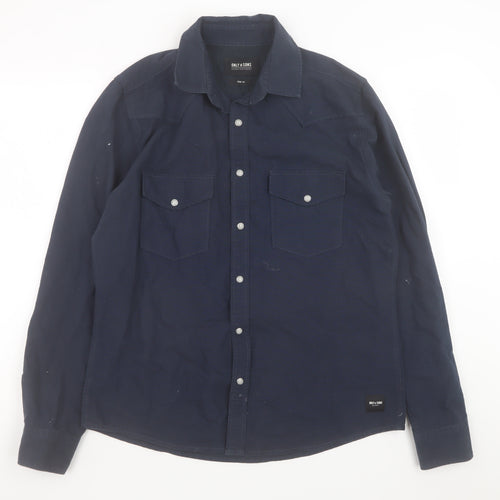 Only & Sons Mens Blue Slim Fit Cotton Long Sleeve Button-Up Shirt M
