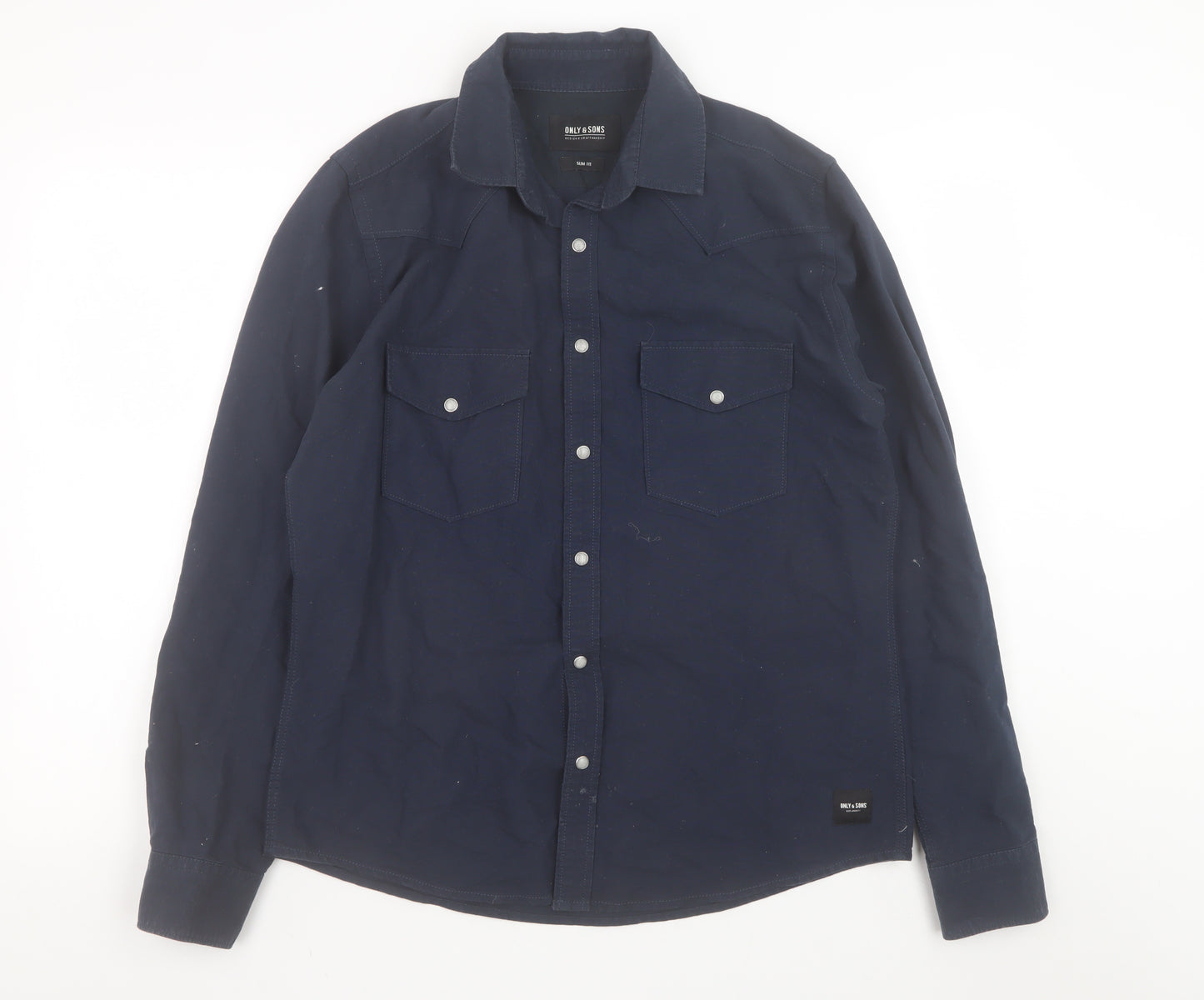Only & Sons Mens Blue Slim Fit Cotton Long Sleeve Button-Up Shirt M