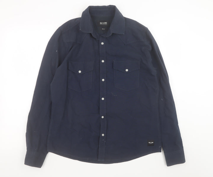 Only & Sons Mens Blue Slim Fit Cotton Long Sleeve Button-Up Shirt M
