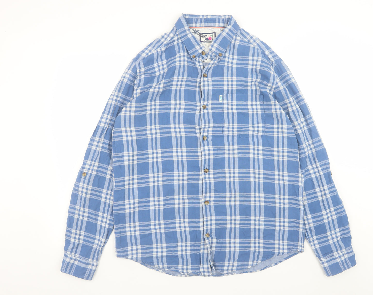 Next Men's Blue Check Cotton Long Sleeve Button-Up Shirt L