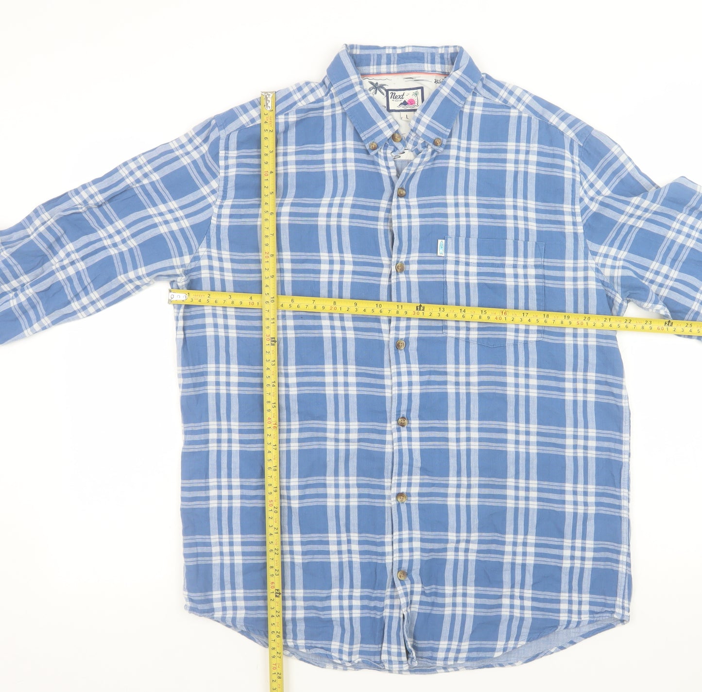 Next Men's Blue Check Cotton Long Sleeve Button-Up Shirt L