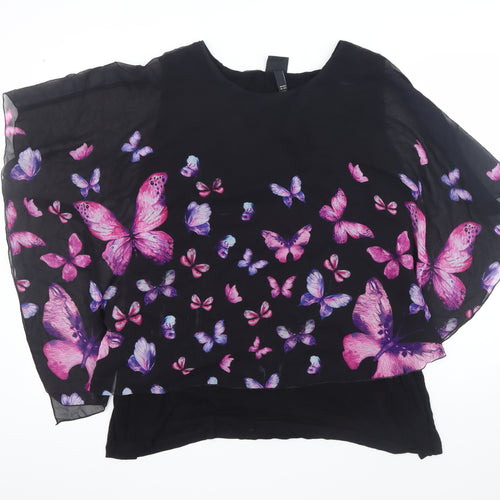 Ulla Popken Women's Black Butterfly Chiffon Tunic Top Size 16