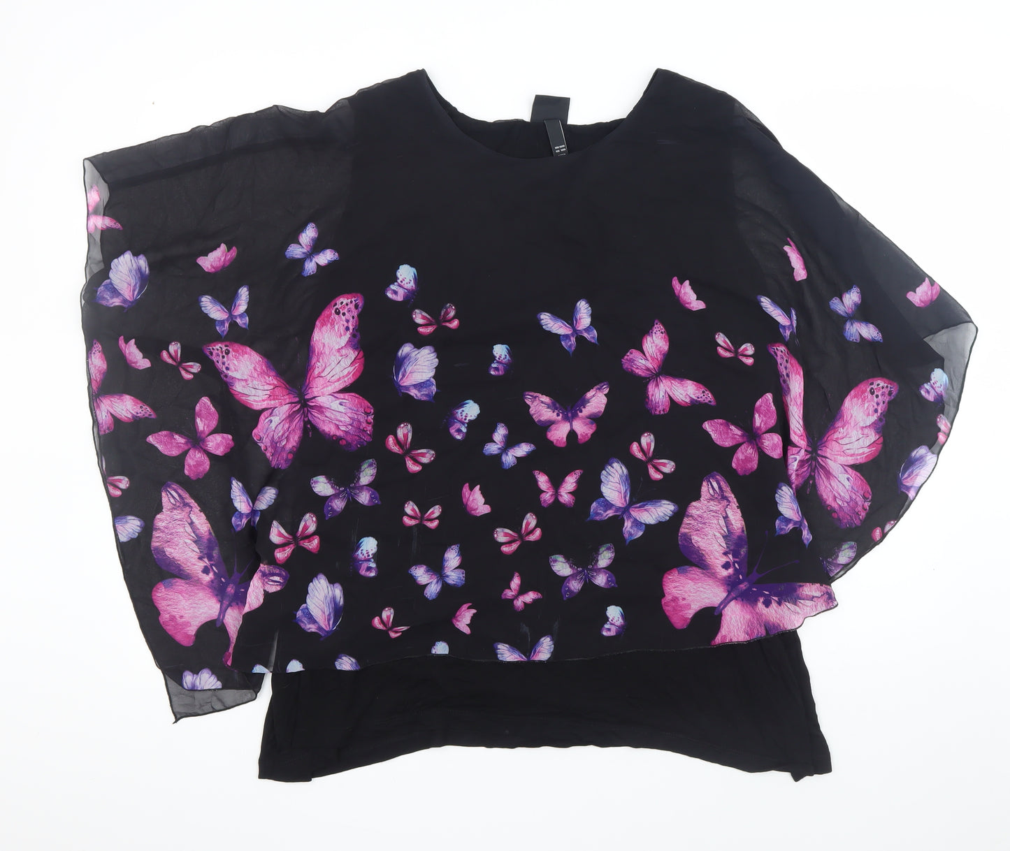 Ulla Popken Women's Black Butterfly Chiffon Tunic Top Size 16