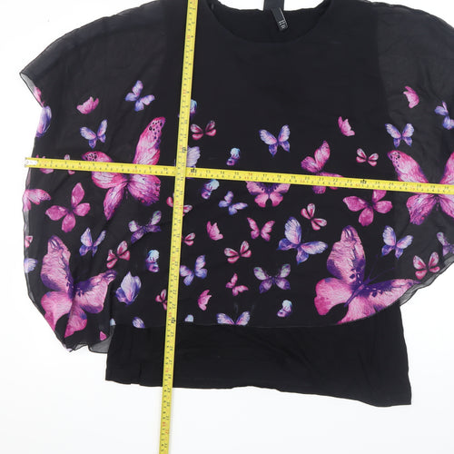 Ulla Popken Women's Black Butterfly Chiffon Tunic Top Size 16
