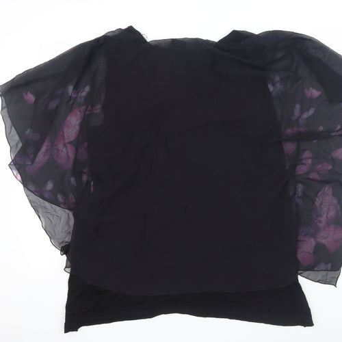 Ulla Popken Women's Black Butterfly Chiffon Tunic Top Size 16