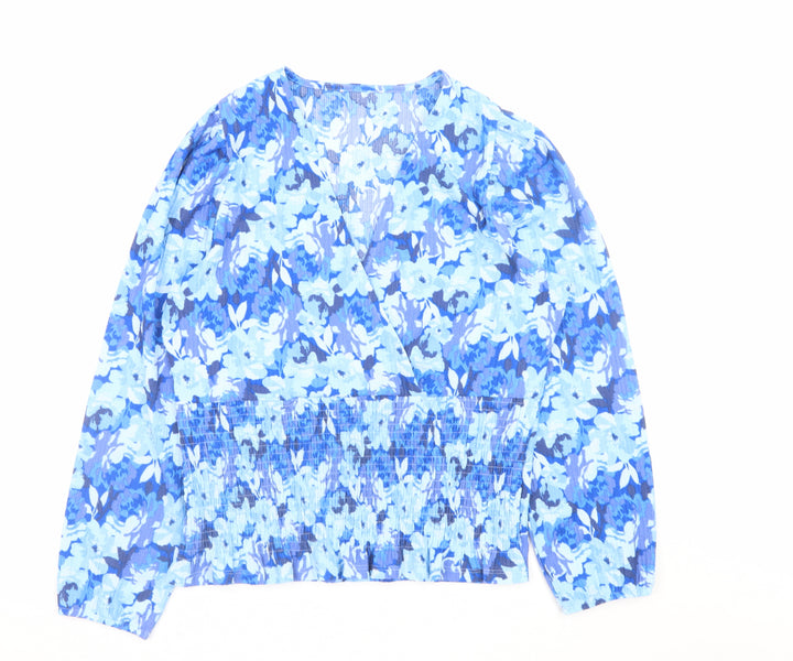 Gallery Women’s Blue Floral Wrap Blouse Size 14 Long Sleeve
