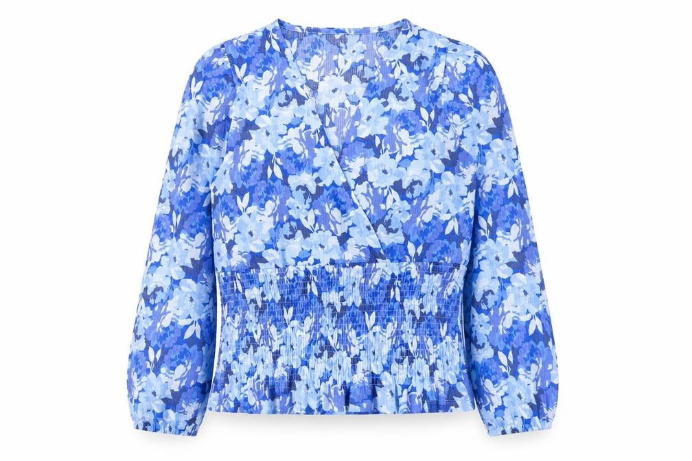 Gallery Women’s Blue Floral Wrap Blouse Size 14 Long Sleeve