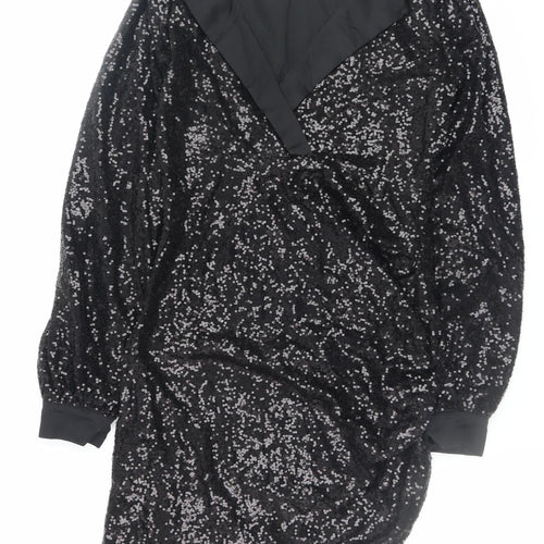 PrettyLittleThing Women Black Sequin Asymmetric Bodycon Dress UK 12