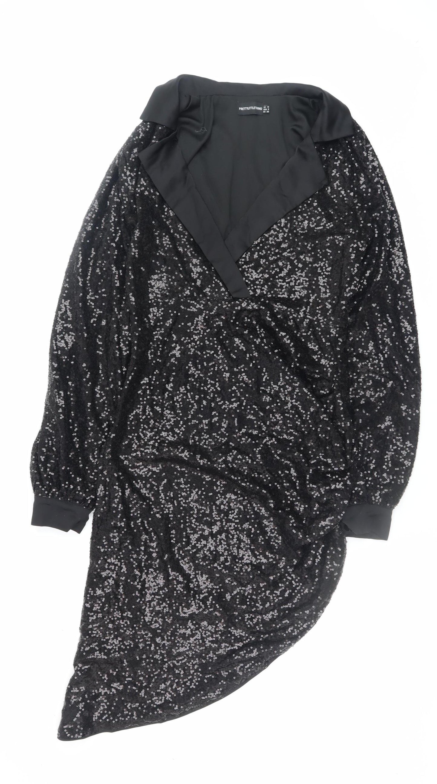 PrettyLittleThing Women Black Sequin Asymmetric Bodycon Dress UK 12