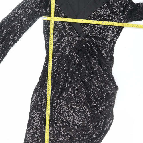 PrettyLittleThing Women Black Sequin Asymmetric Bodycon Dress UK 12