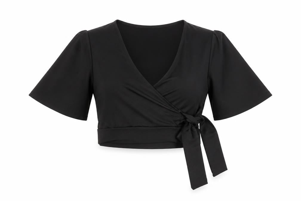 Front view of New Look women’s black wrap blouse short sleeve, size UK 8