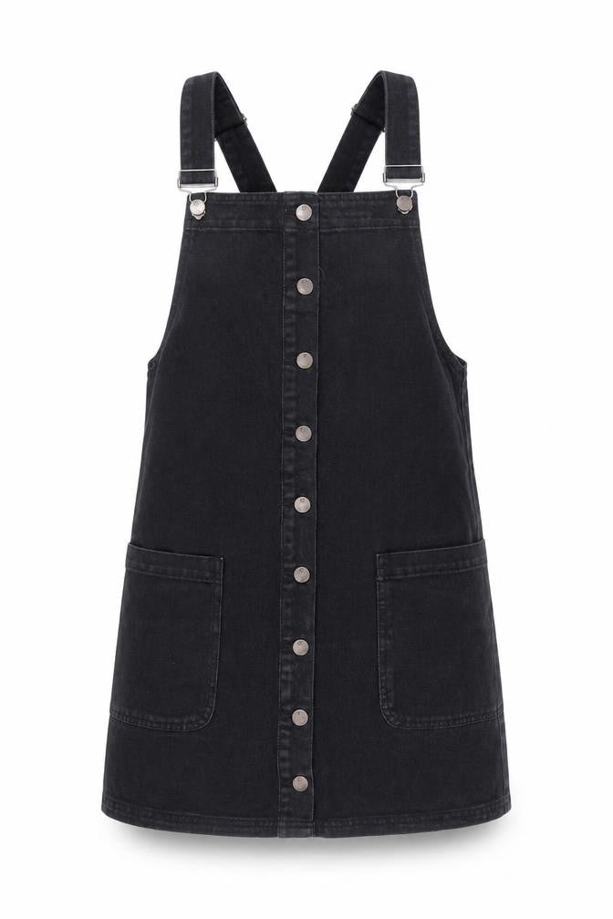 Front view of Red Herring Women's Black Denim Pinafore Dress, size 10