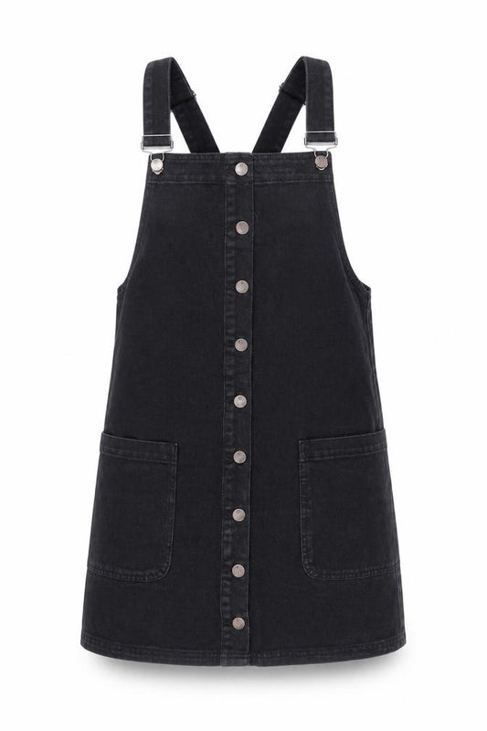Front view of Red Herring Women's Black Denim Pinafore Dress, size 10