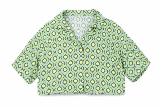 Front view of Noisy May women’s green geometric cropped button-up shirt, size M