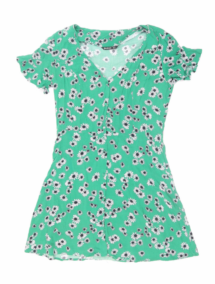 Stradivarius Women’s Green Floral Short Skater Dress Size 8