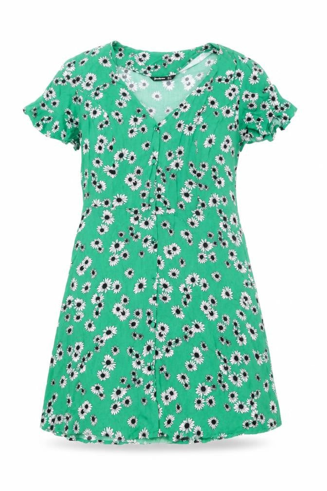 Stradivarius Women’s Green Floral Short Skater Dress Size 8