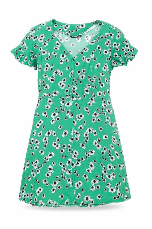 Front view of Stradivarius Women’s Green Floral Short Skater Dress, size UK 8