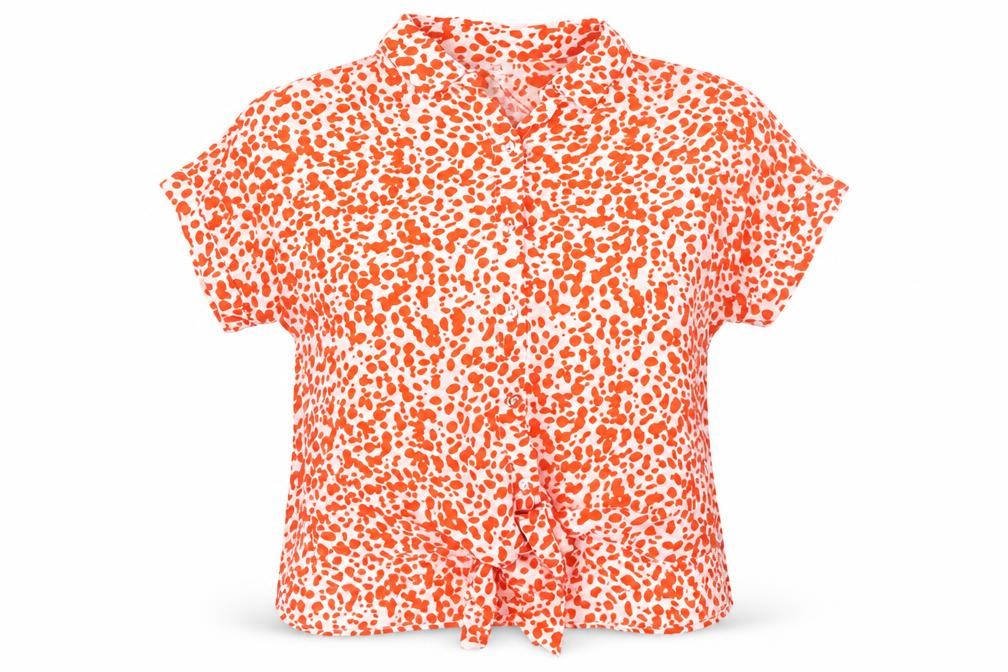 Front view of River Island Women Orange Polka Dot Button-Up Blouse, size 10