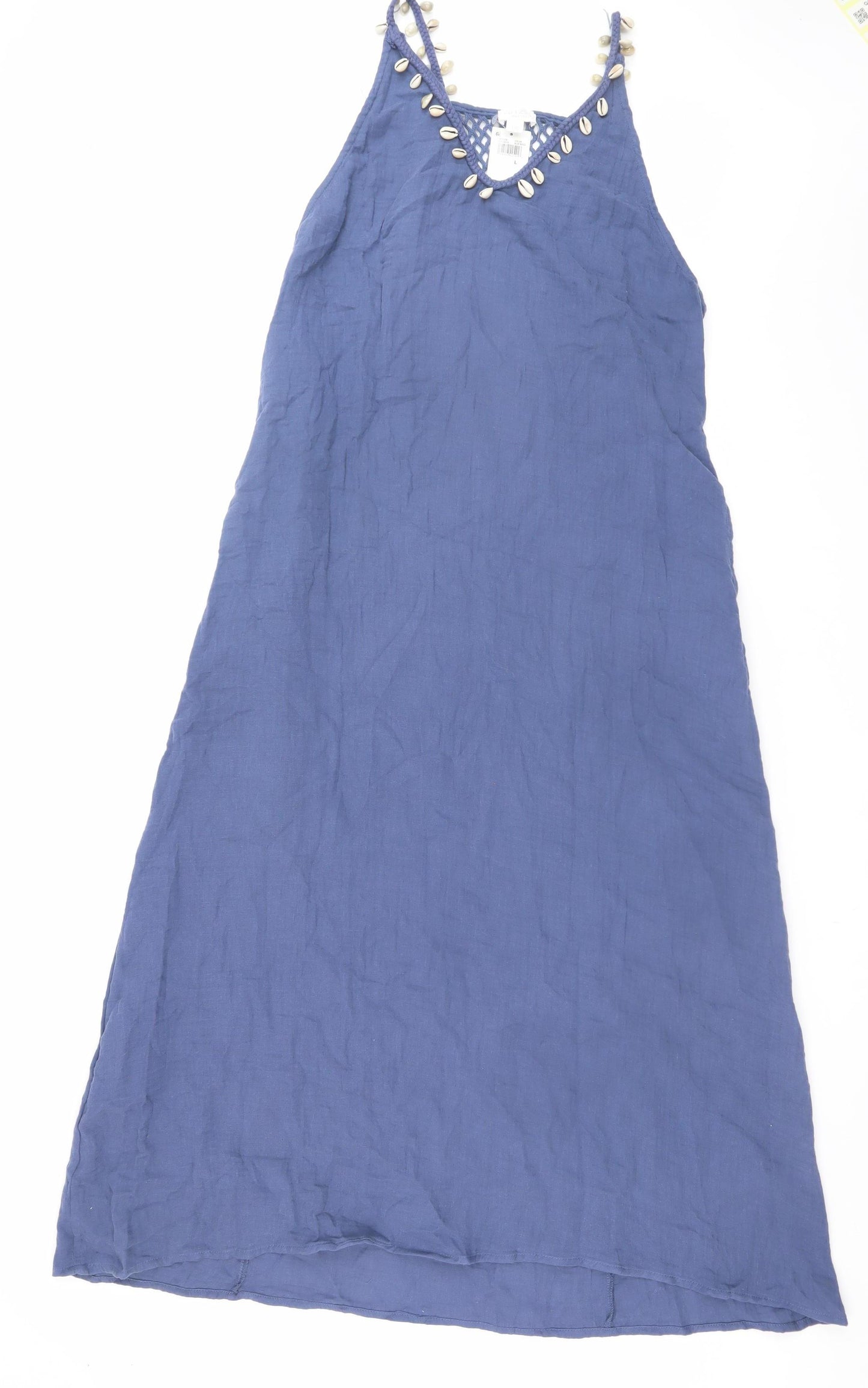 Anne Cole Women Blue Cotton Boho Slip Dress L Sleeveless Beaded V-Neck Midi