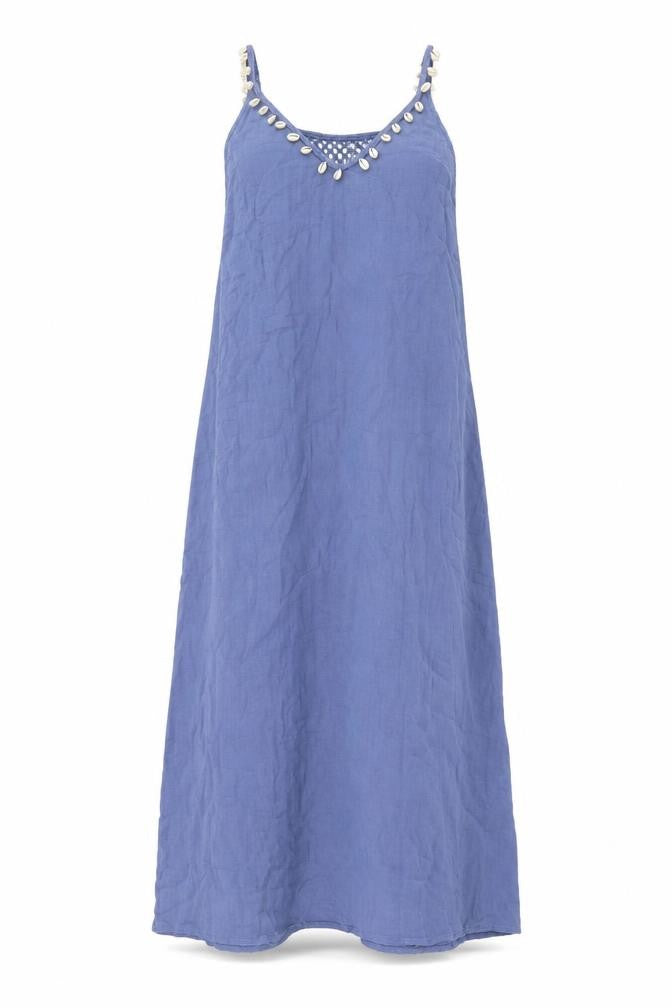 Anne Cole Women Blue Cotton Boho Slip Dress L Sleeveless Beaded V-Neck Midi