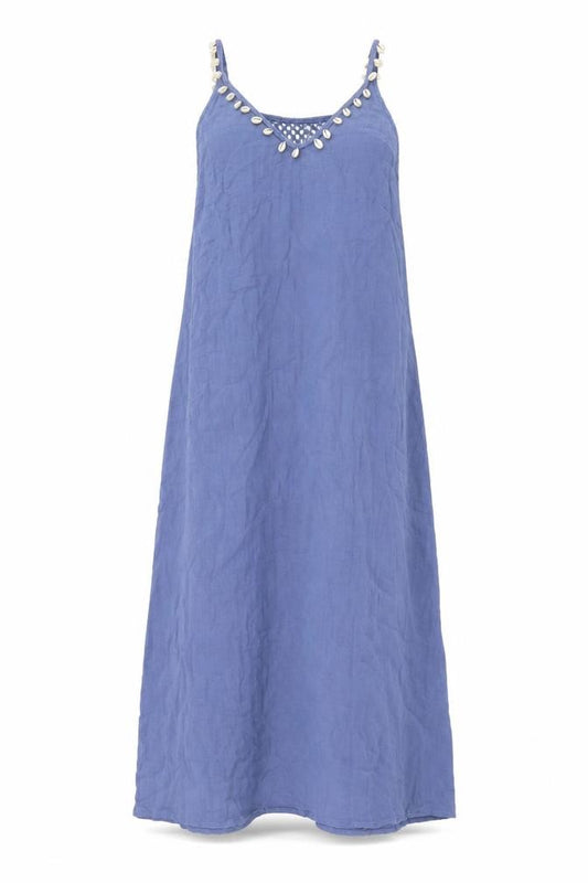 Front view of Anne Cole Women Blue Cotton Boho Slip Dress L Sleeveless Beaded V-Neck Midi