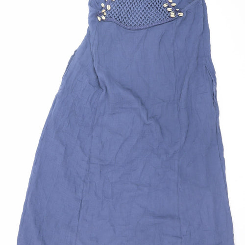 Anne Cole Women Blue Cotton Boho Slip Dress L Sleeveless Beaded V-Neck Midi