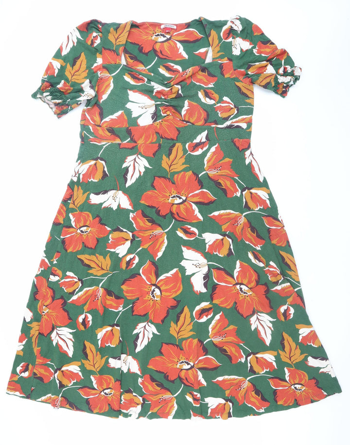 Joe Browns Womens Green Floral A-Line V-Neck Stretch Dress Size 12
