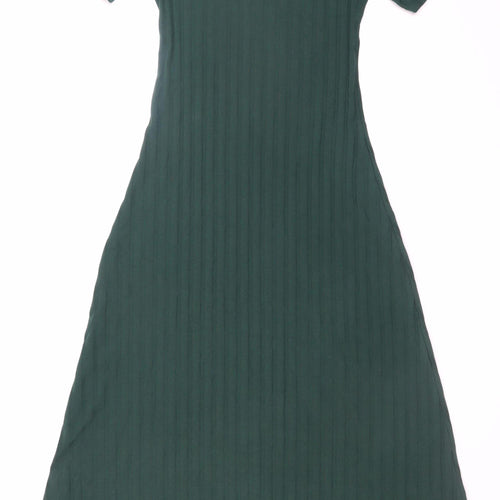 Zara Women Green Midi Fit & Flare Ribbed Cotton Dress Size S