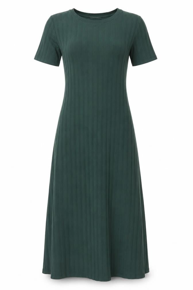 Zara Women Green Midi Fit & Flare Ribbed Cotton Dress Size S